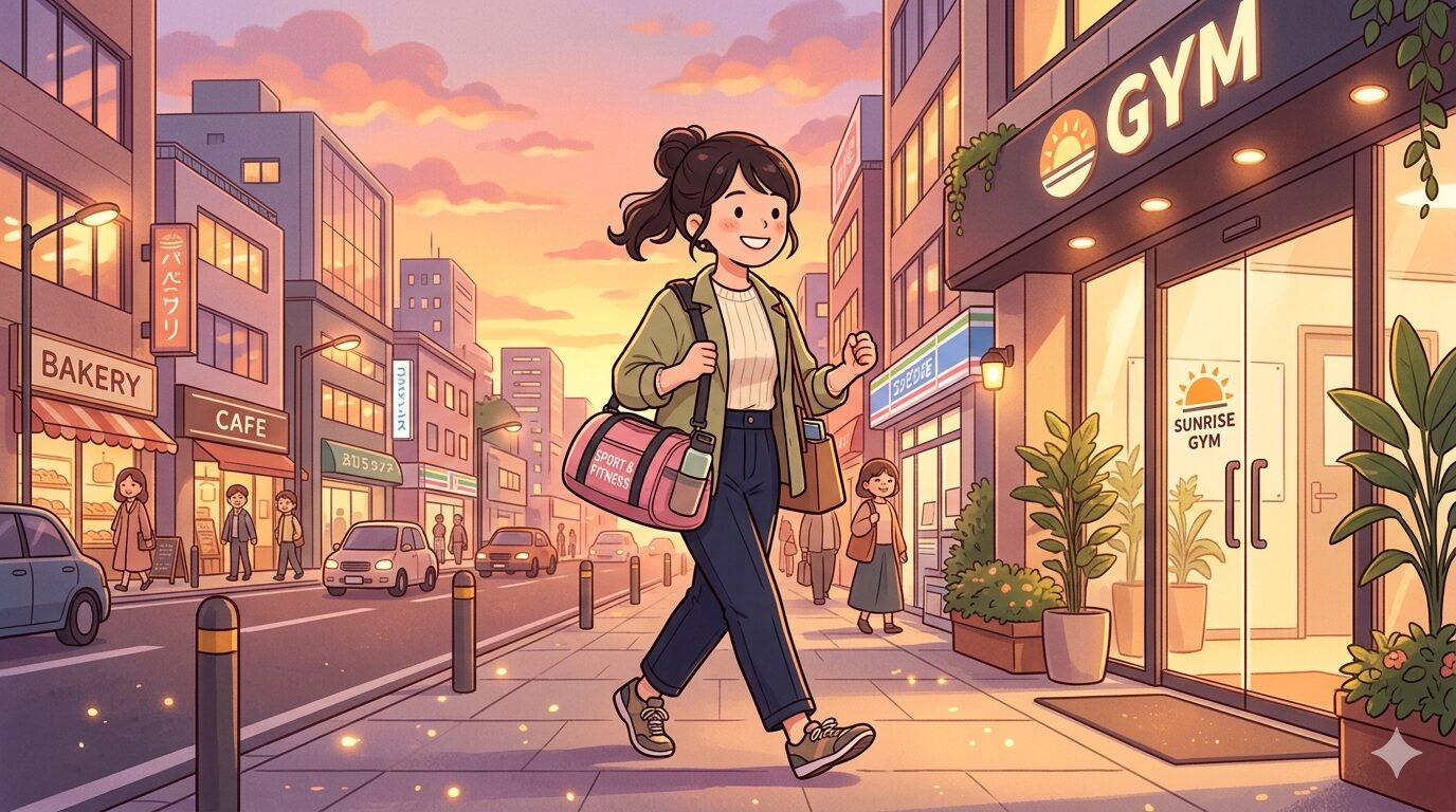仕事帰りにジムへ向かう様子